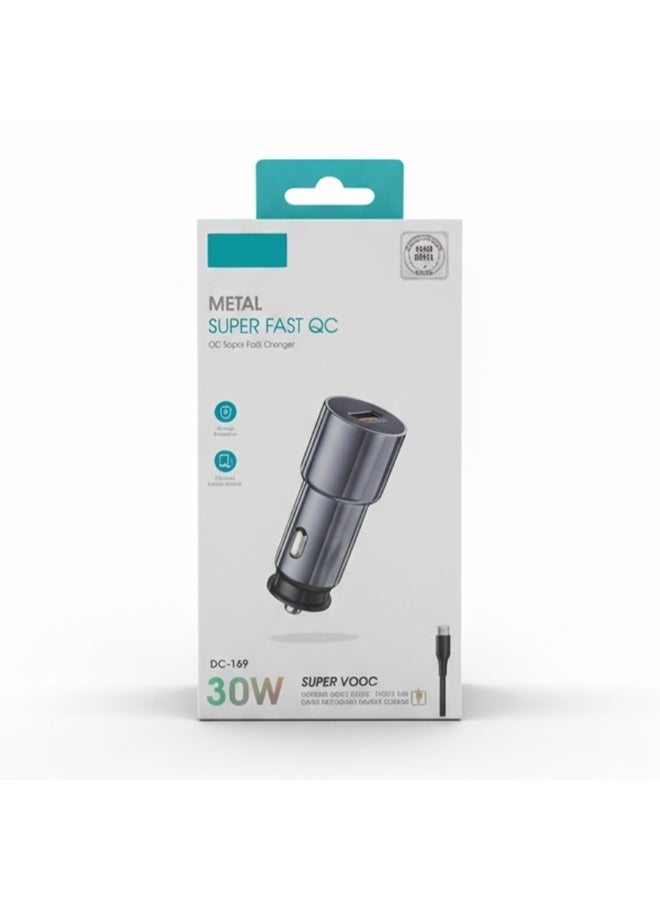 DC-169 Fast Car Charger 30W , Super Fast Charging with Premium Metal Design, Smart Protection & Wide Device Compatibility, Included Type-C Cable - Image 2